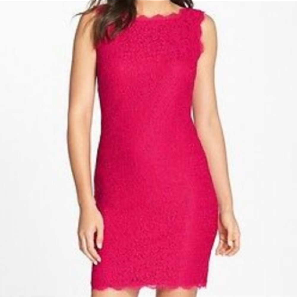 Adrianna Papell Boatneck Lace Sheath Dress, Bright Pink, Size 8, Worn Once